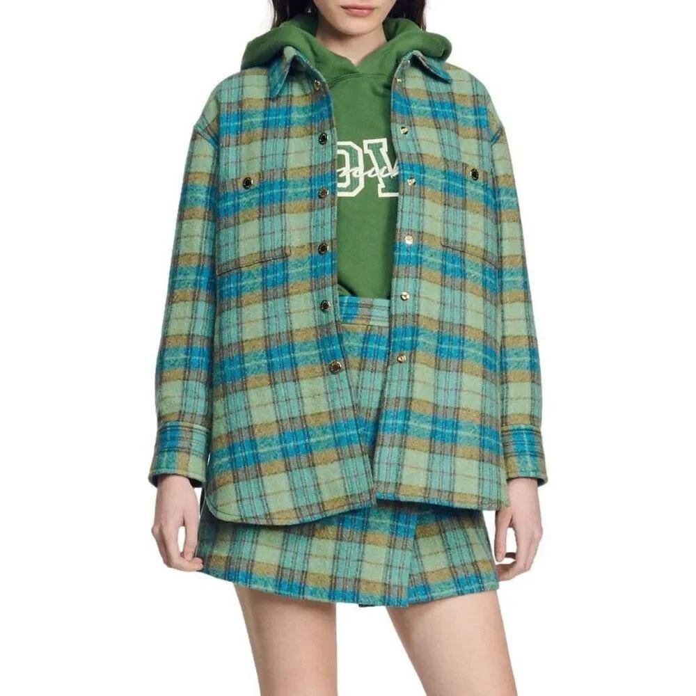 Sandro Women’s Checked Wool Overshirt Coat Size 42 FR  NEW NWT